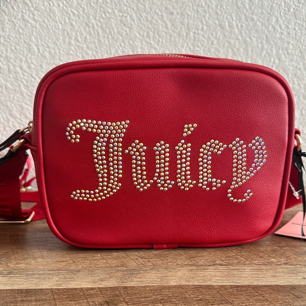 Juicy Couture  Red Rhinestone Logo Vegan Leather Crossbody Bag